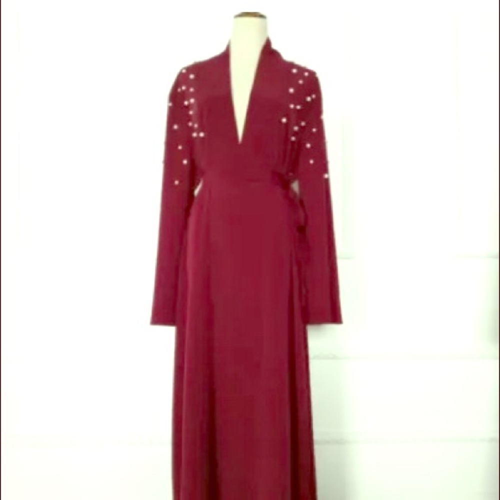 Burgundy abaya cover up with pearl embellishment